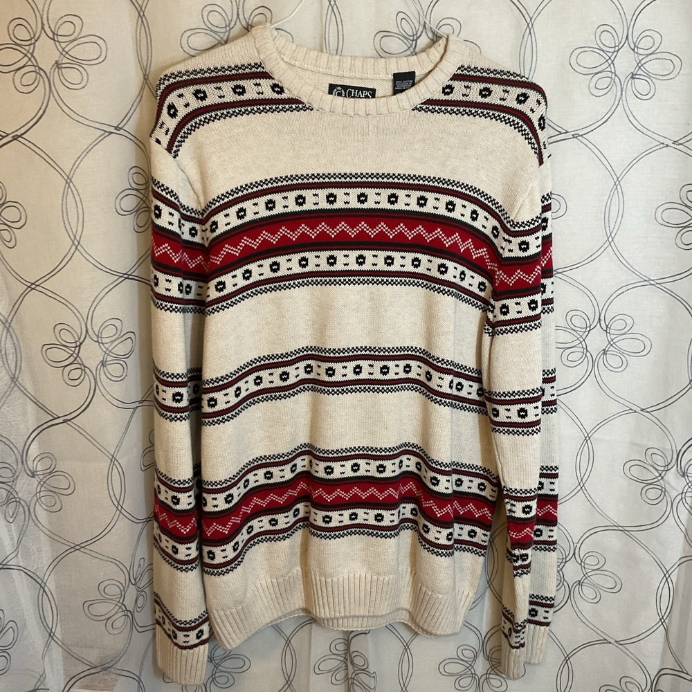 Chaps Sweater Cream Red Fair Isle Knit Crewneck Holiday Pullover Nordic‎ Large